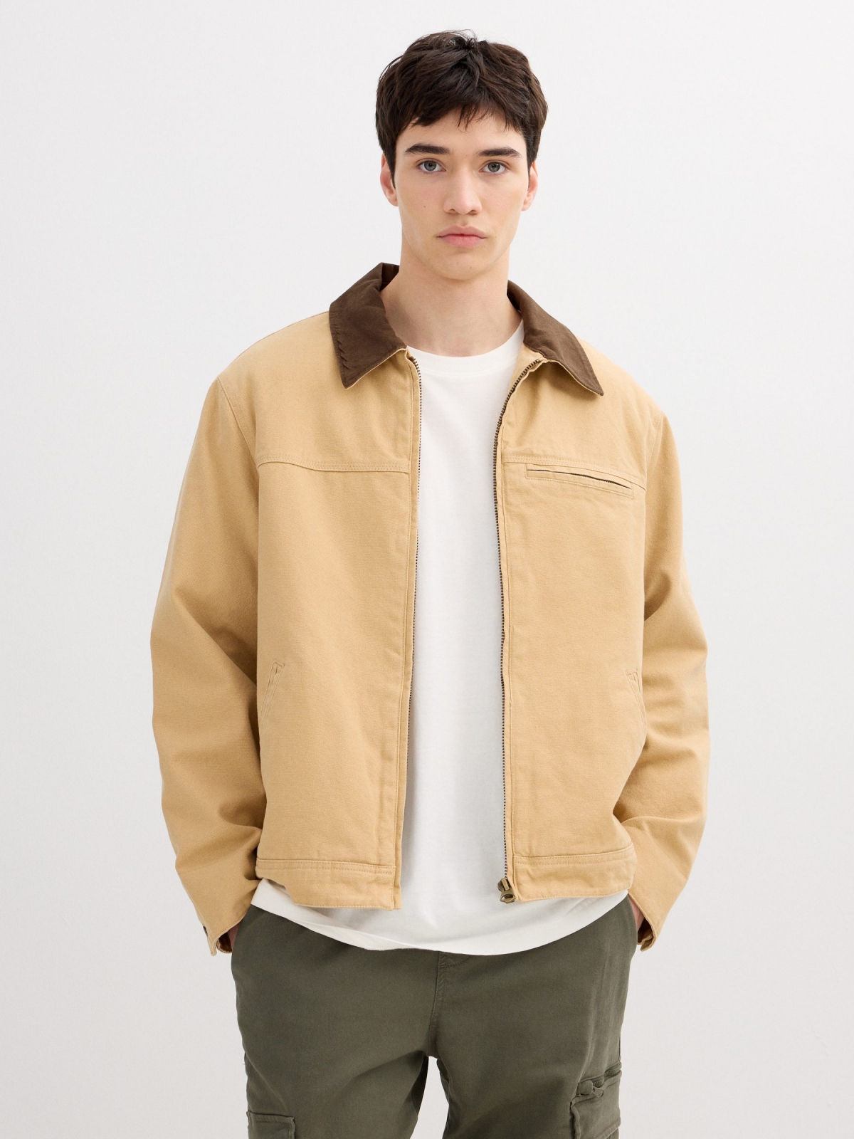 Zipper jacket beige middle front view