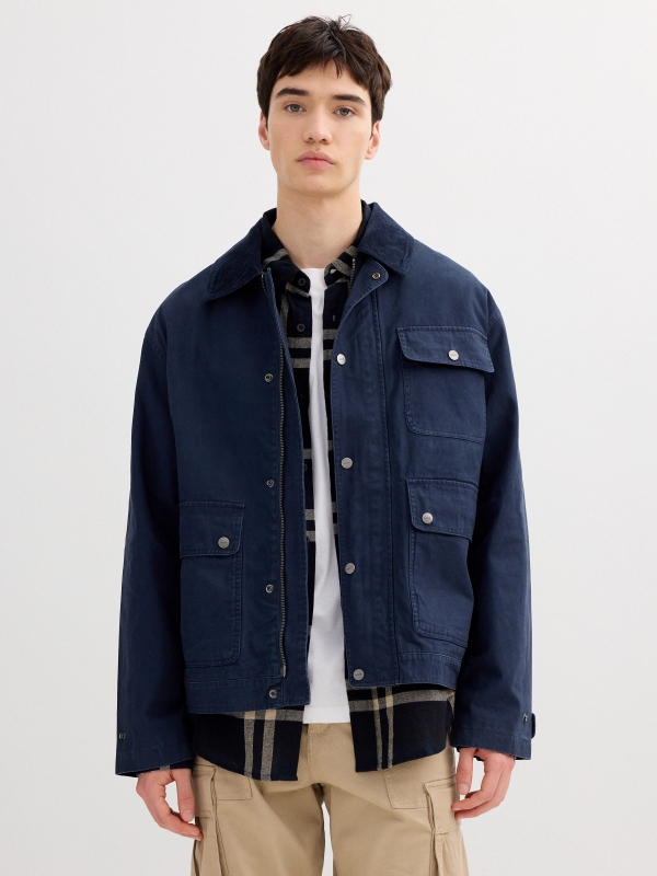 Blue jacket with zipper navy middle front view