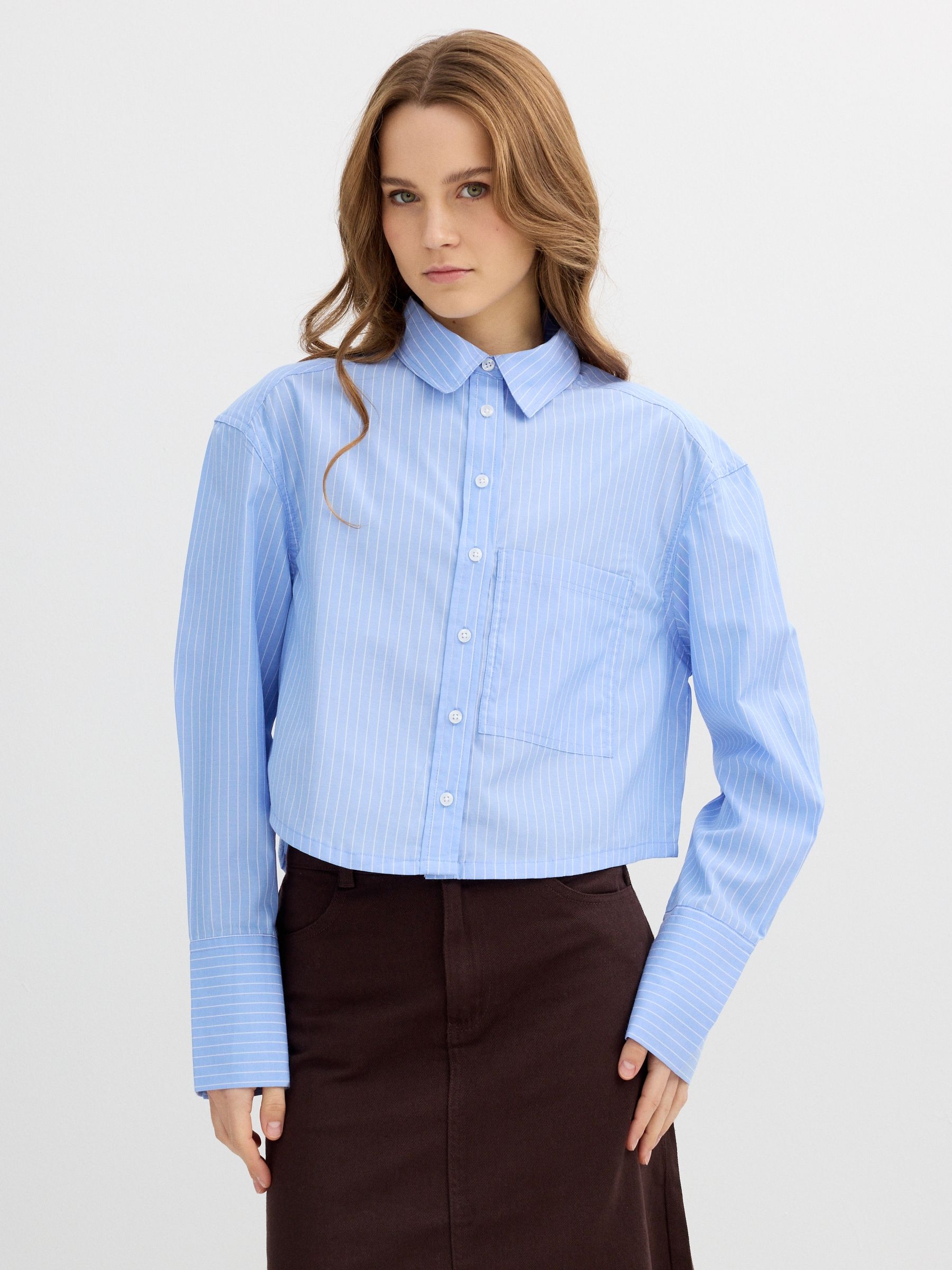 Camisa cropped rayas popelín azul vista media frontal