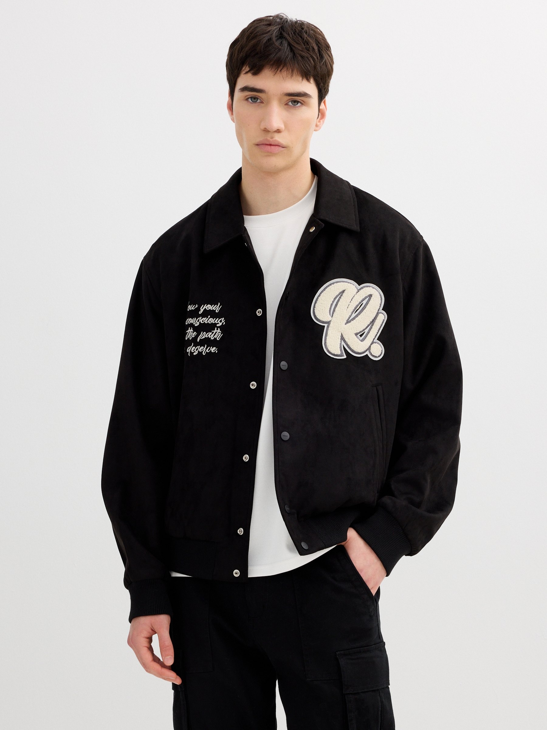 Varsity jacket leather effect with buttons black middle front view