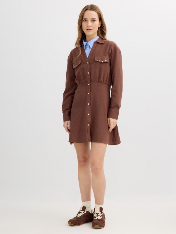 Brown shirt dress with studs chocolate front view