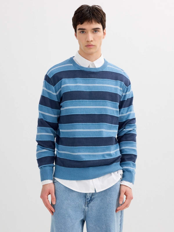 Navy blue striped knit sweater petrol blue middle front view