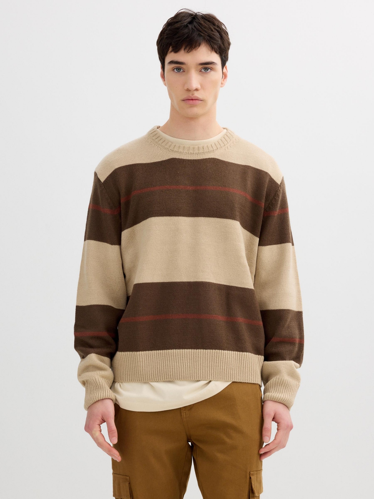 Striped knit sweater with a round neck brown middle front view