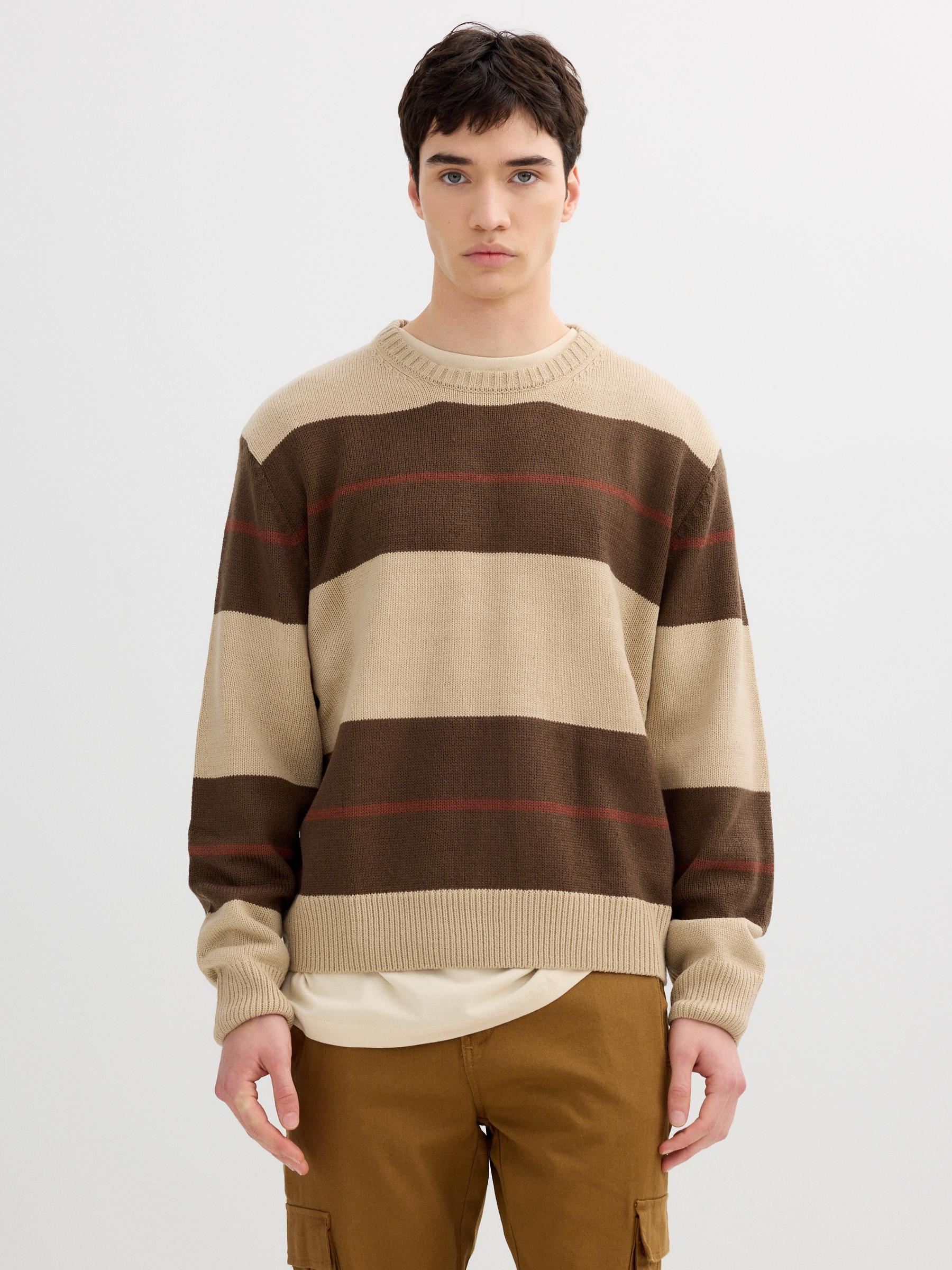 Striped knit sweater with a round neck brown middle front view