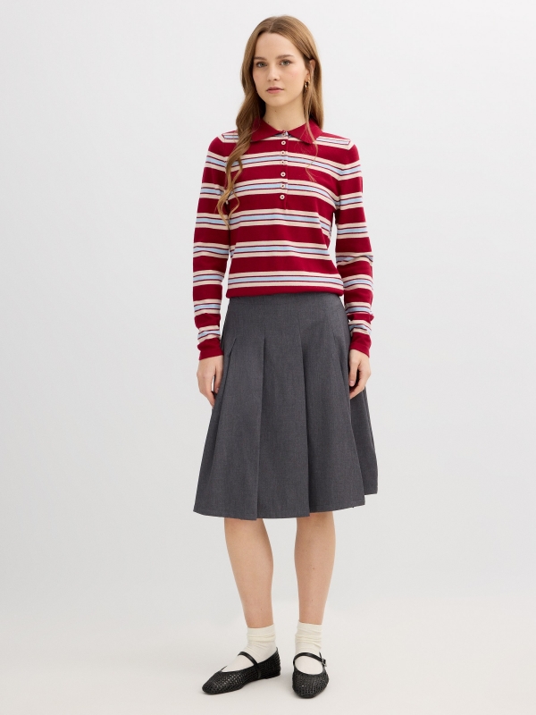 Falda midi de tablas con abertura gris melange vista media frontal