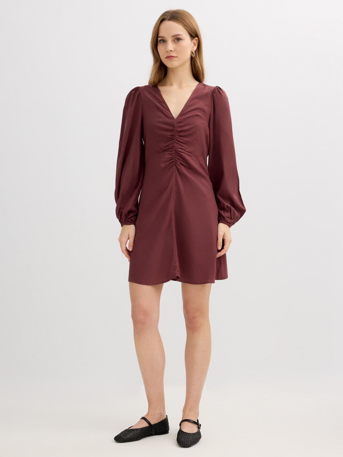 Ruched mini viscose dress brown front view