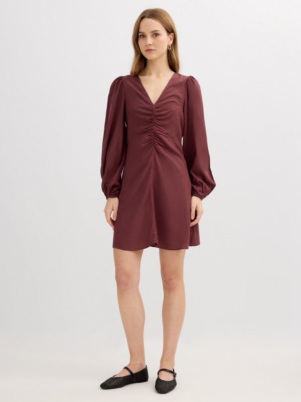 Ruched mini viscose dress brown front view
