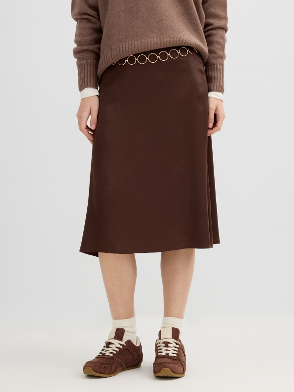 Brown midi satin skirt chocolate middle back view