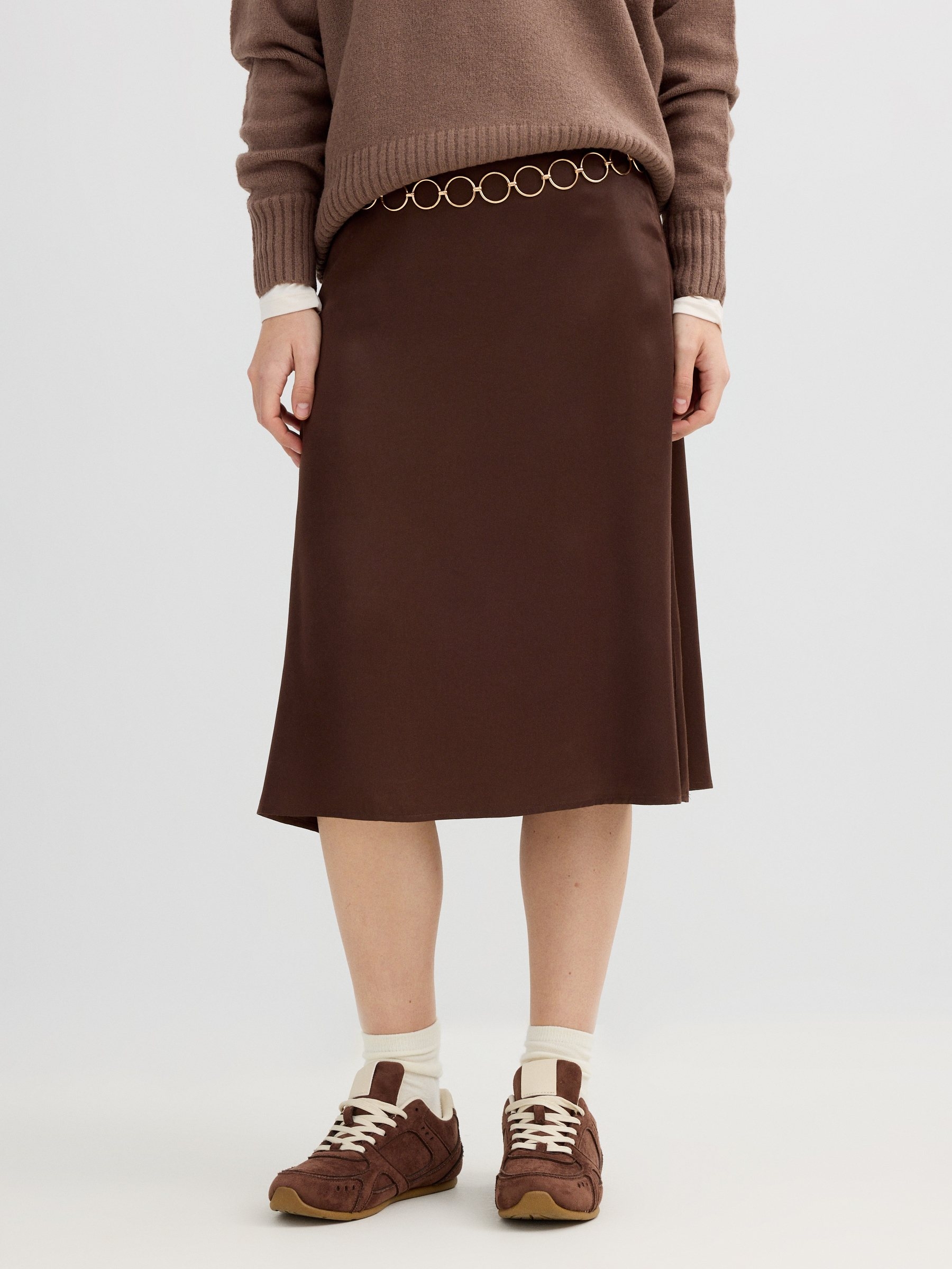Brown midi satin skirt chocolate middle front view