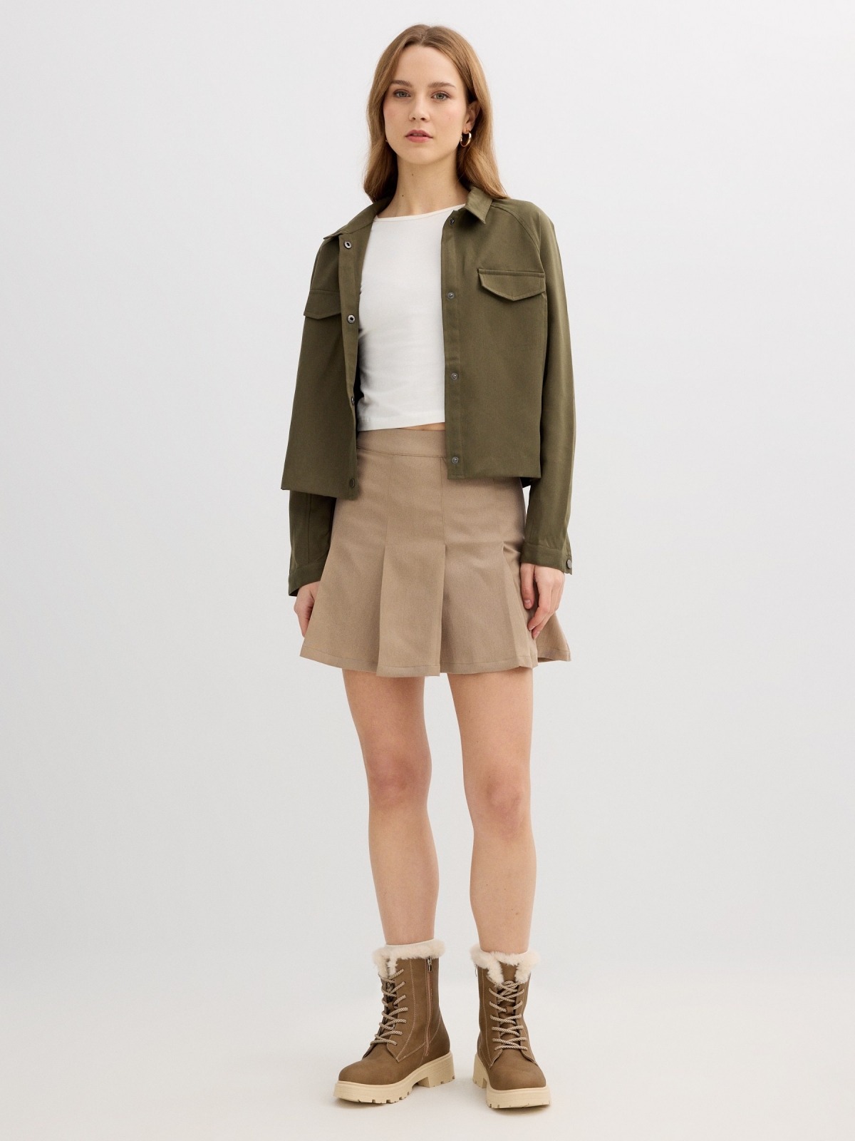 Green faux leather crop shirt green front view