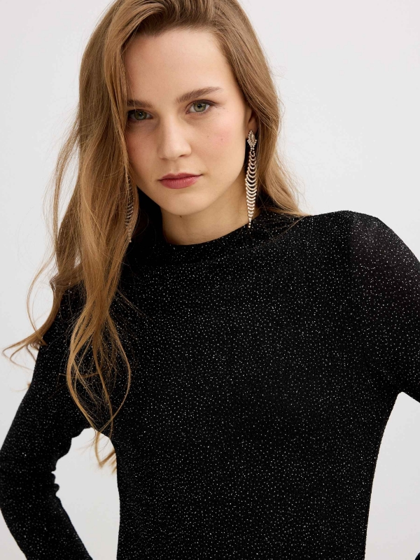 Long sleeve slim lurex t-shirt black detail view