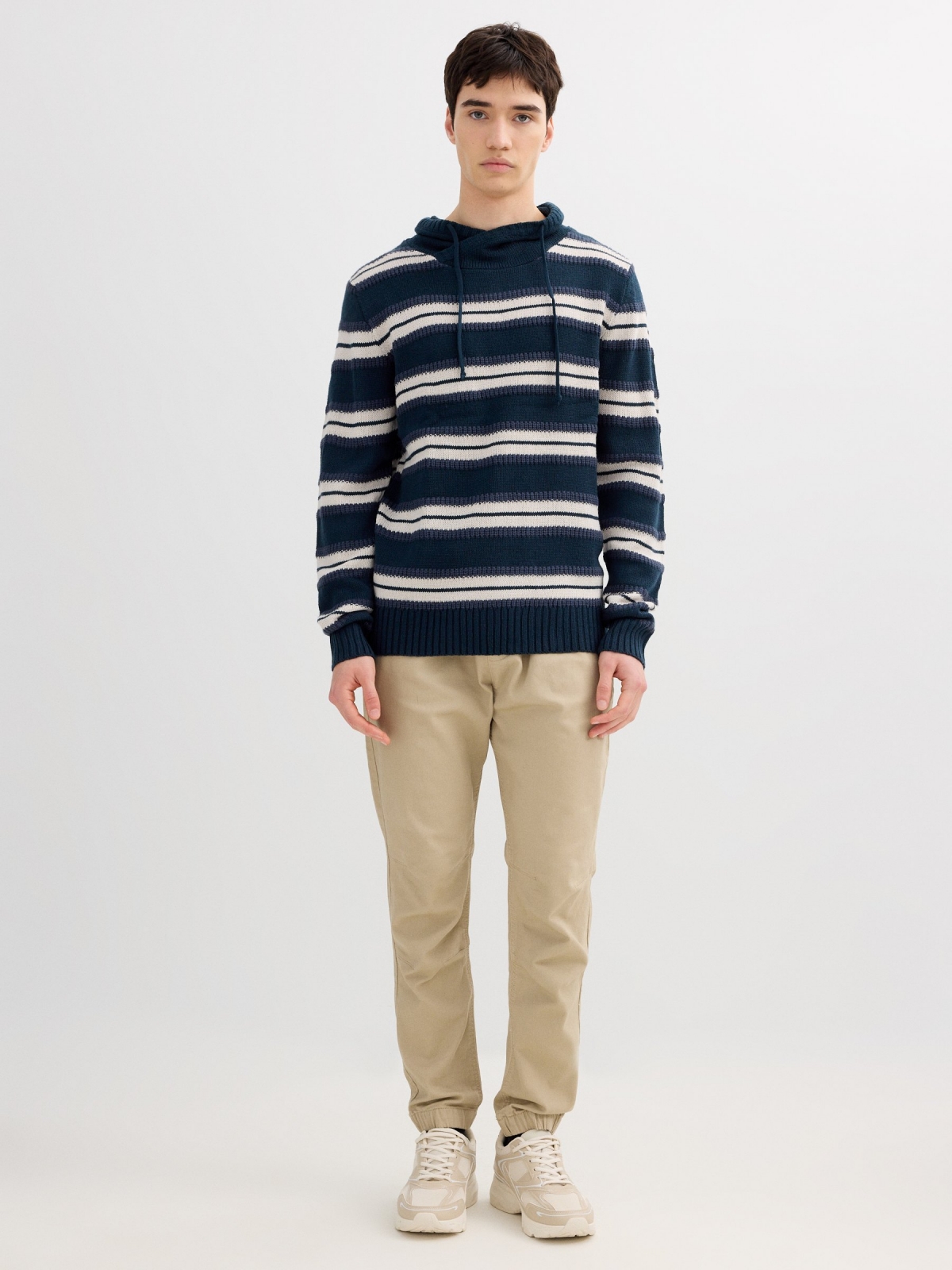 Striped knit sweater navy front view