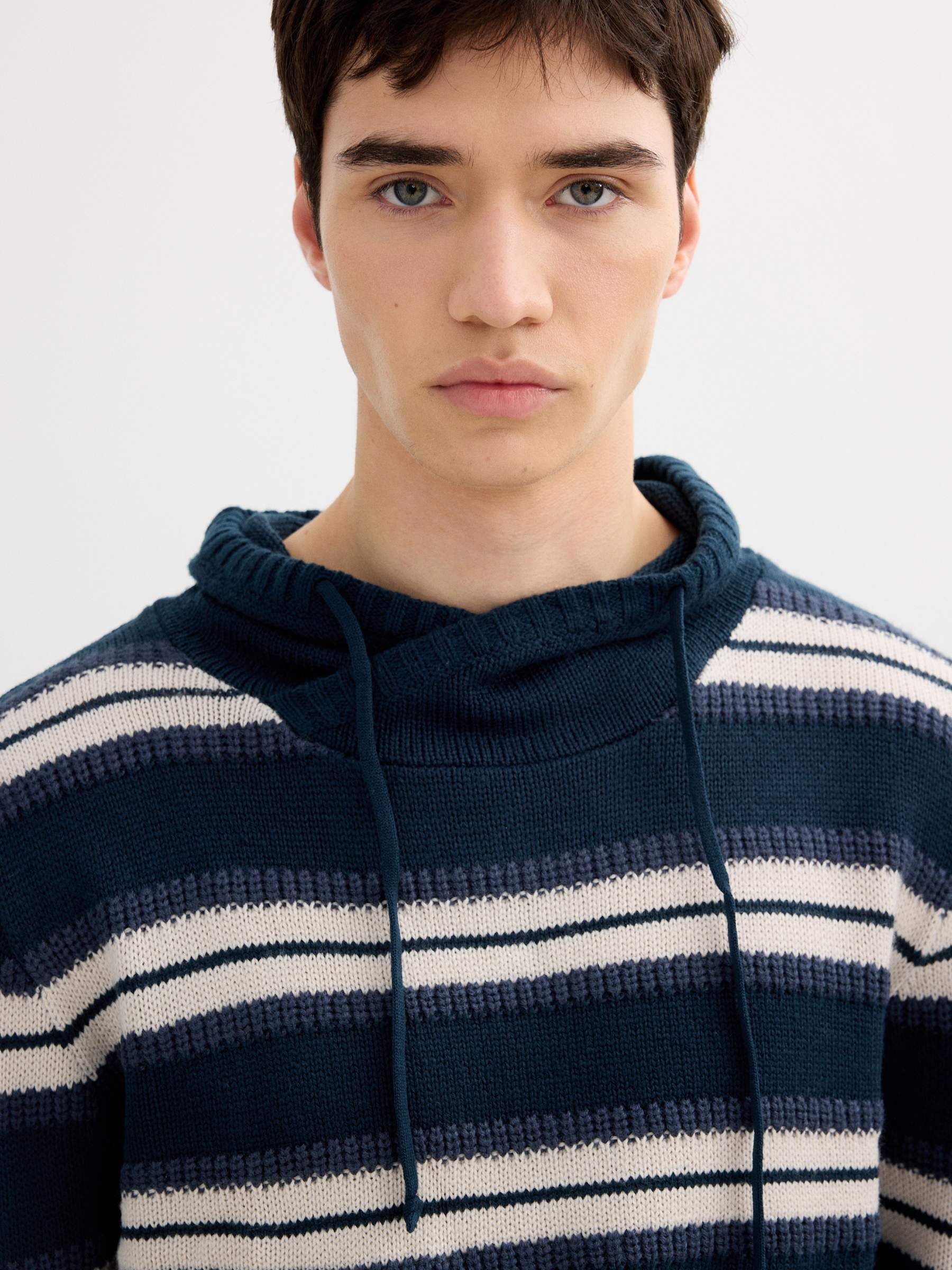 Striped knit sweater navy middle front view