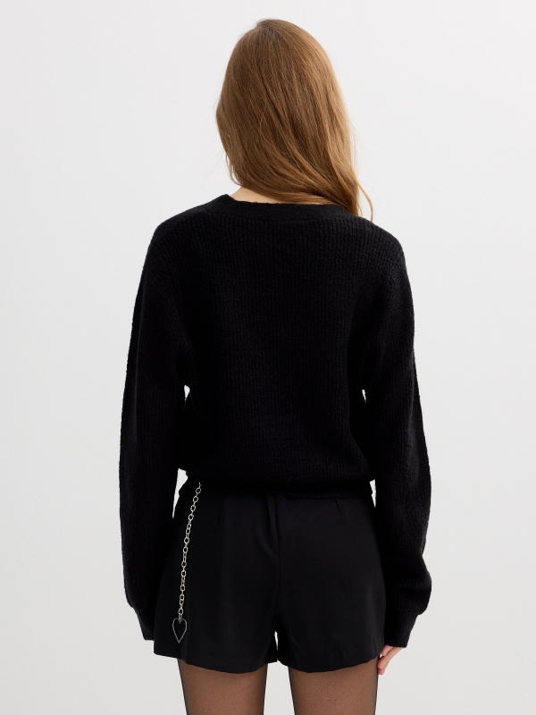 Knit jacket with rhinestone tie black middle back view