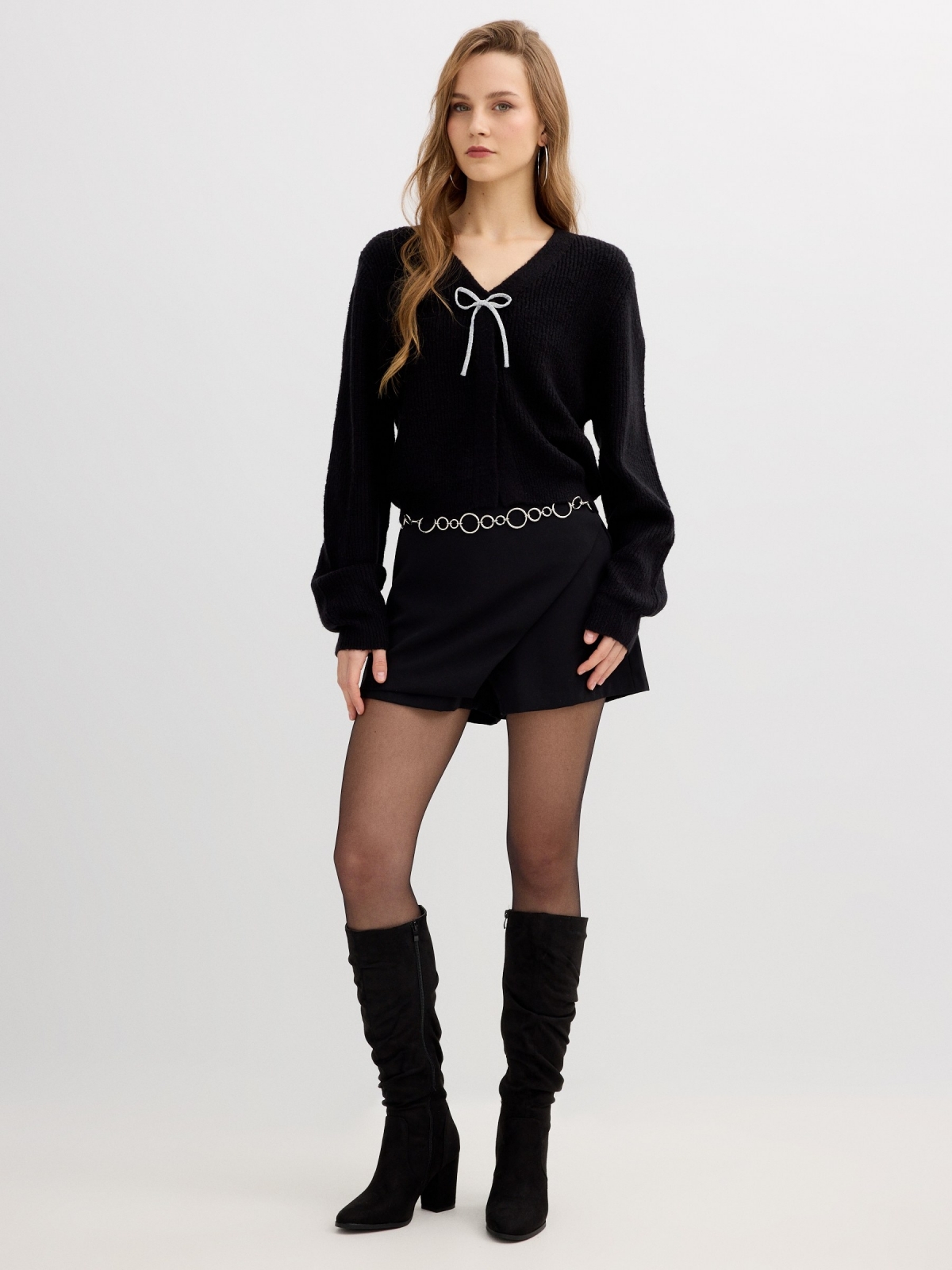 Knit jacket with rhinestone tie black front view