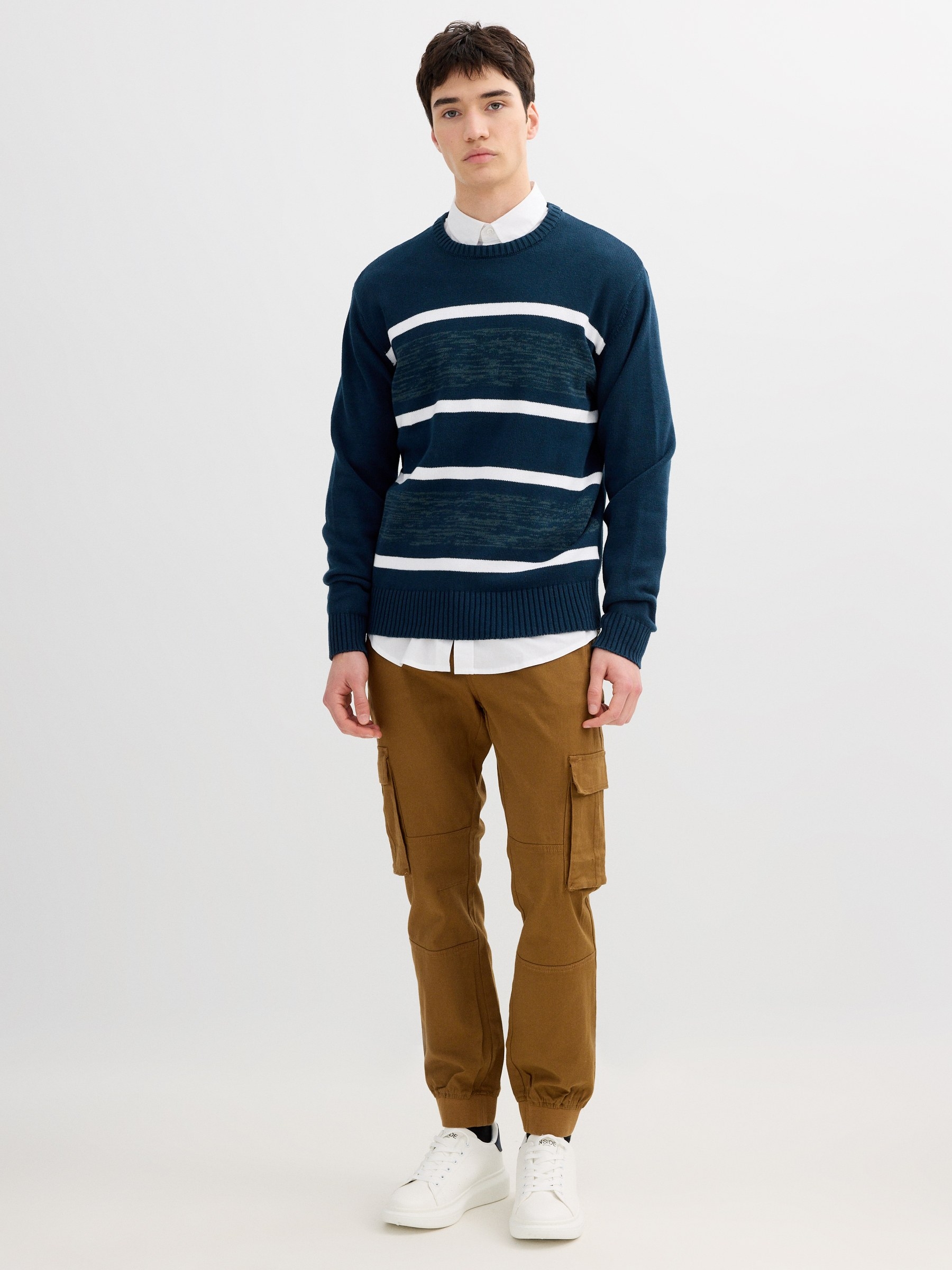 Striped knit sweater with a round neck navy middle front view