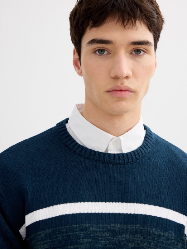 Striped knit sweater with a round neck navy detail view