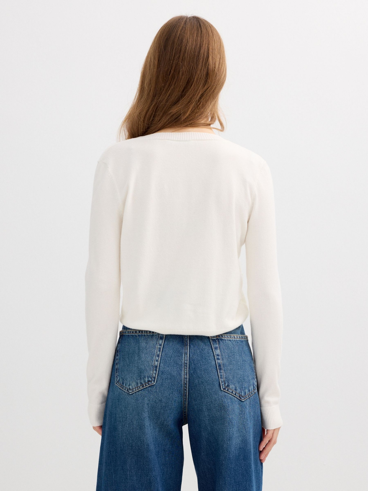 Plain V-neck jersey off white middle back view