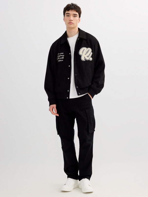 Varsity jacket leather effect with buttons black front view