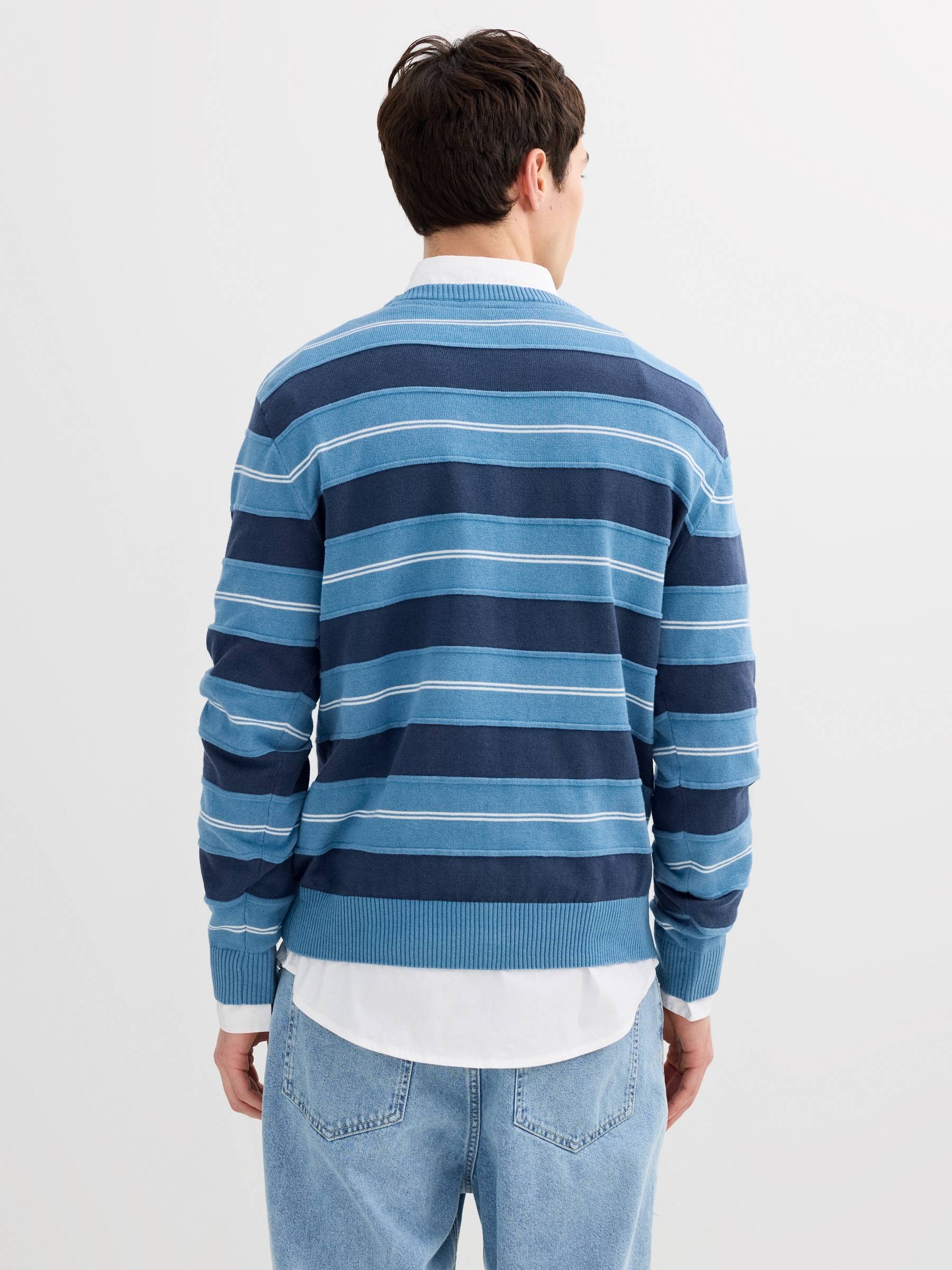 Navy blue striped knit sweater petrol blue middle front view