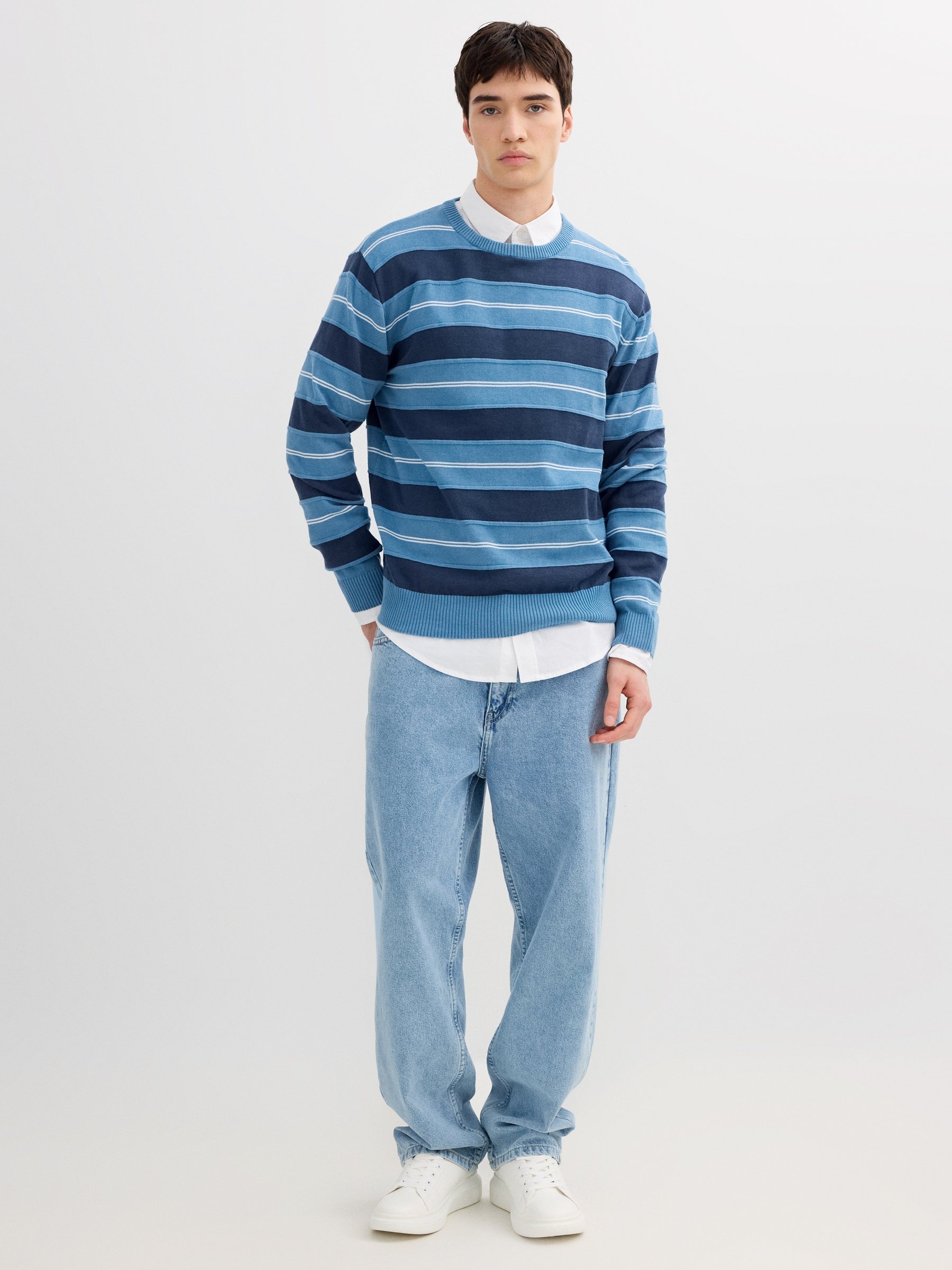 Navy blue striped knit sweater petrol blue middle front view