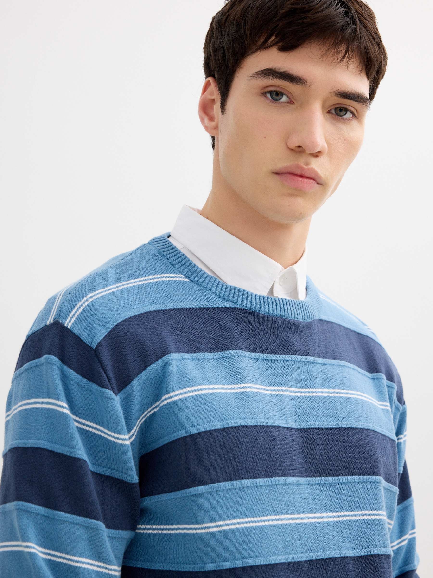 Navy blue striped knit sweater petrol blue middle front view