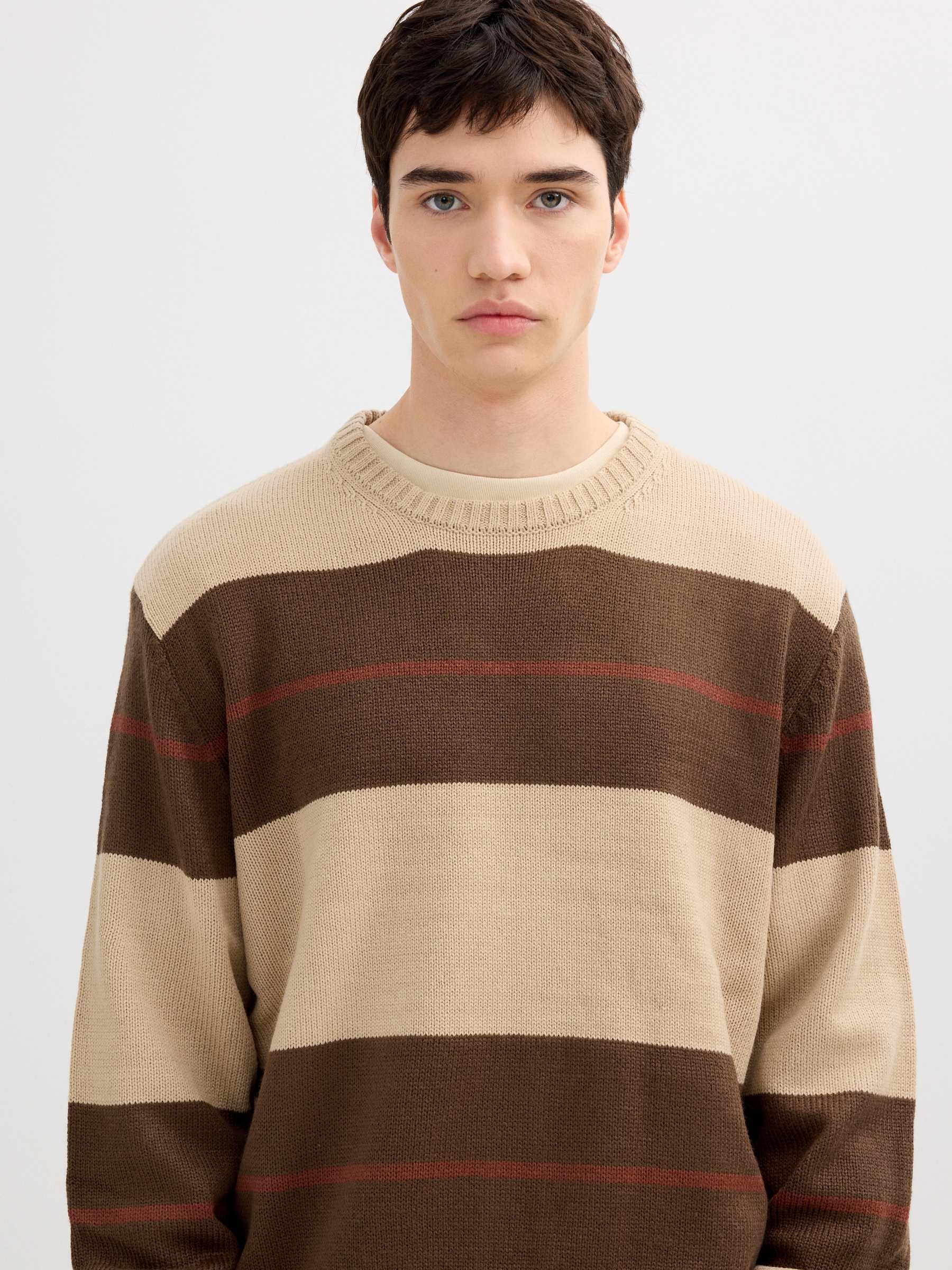 Striped knit sweater with a round neck brown middle front view