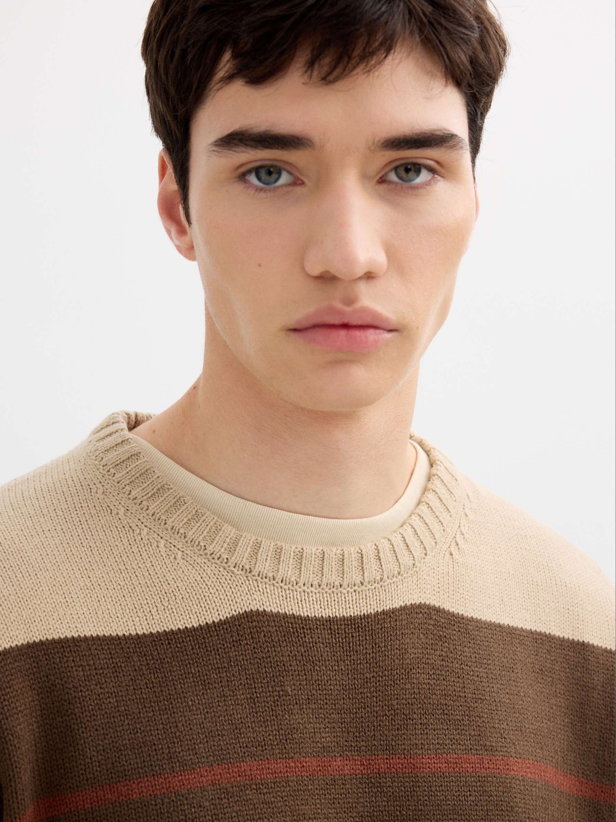 Striped knit sweater with a round neck brown detail view