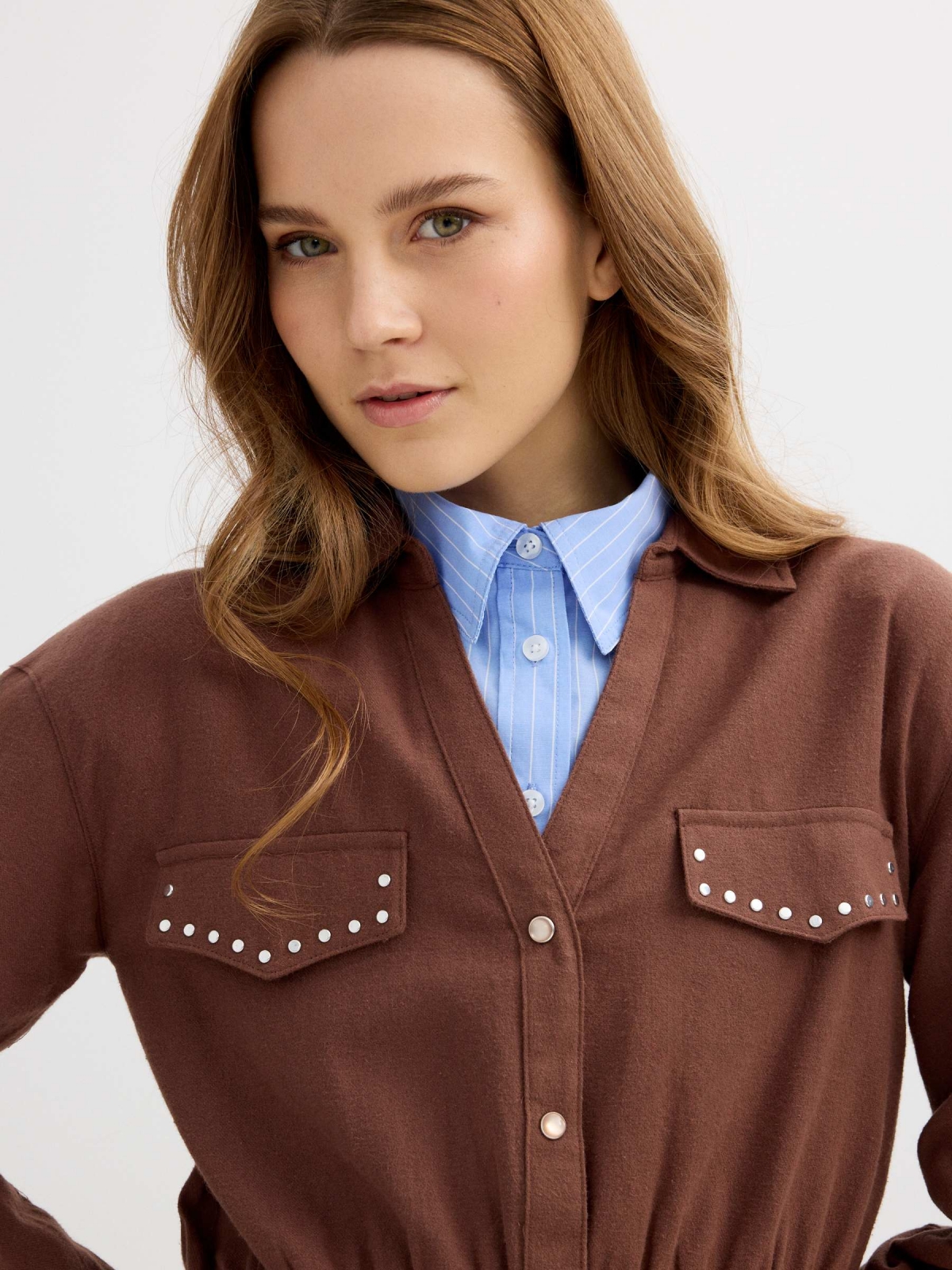 Brown shirt dress with studs chocolate detail view