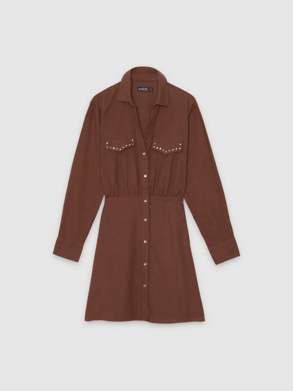  Vestido camisa marrom com tachas chocolate vista frontal