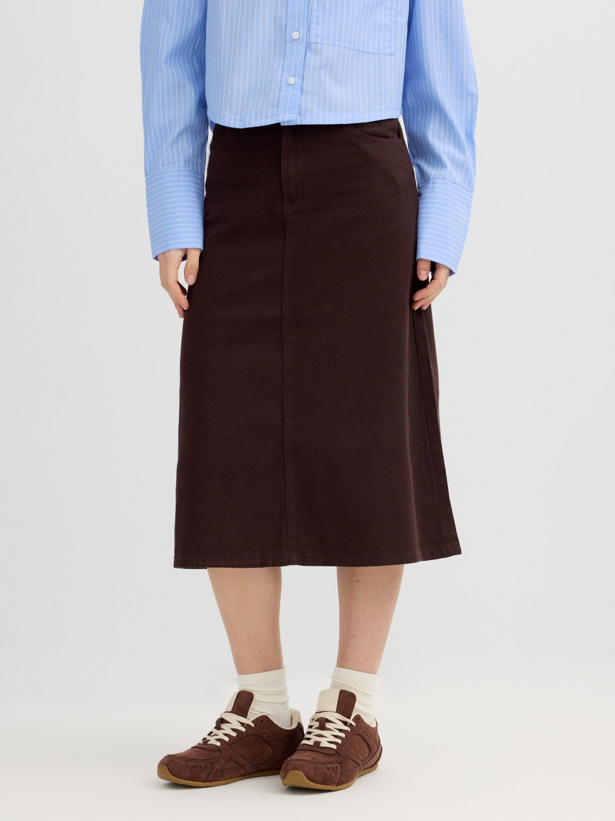 Plain midi skirt chocolate middle back view