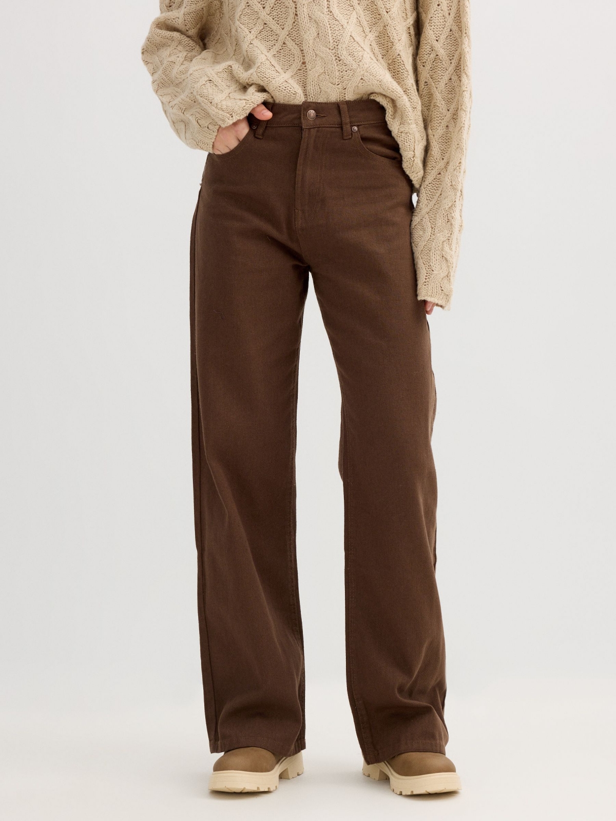 Wide cotton twill pants dark brown middle front view