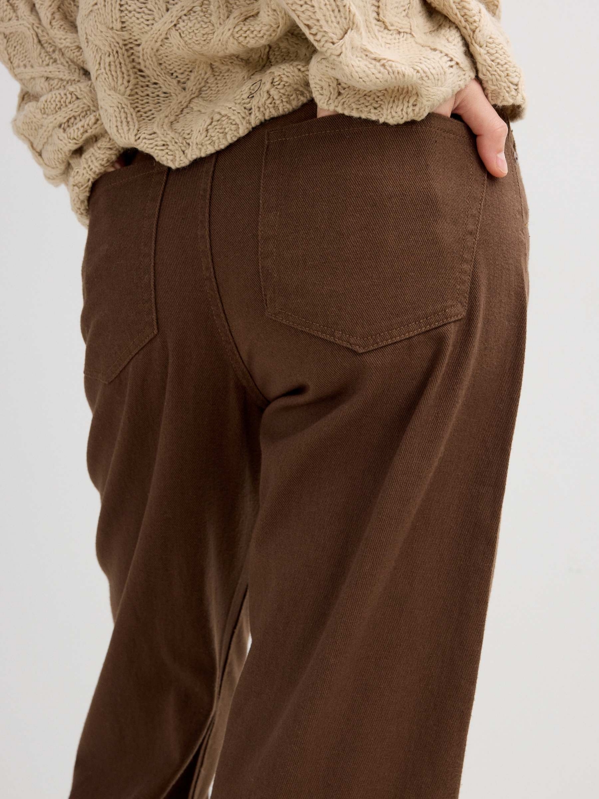 Wide cotton twill pants dark brown detail view