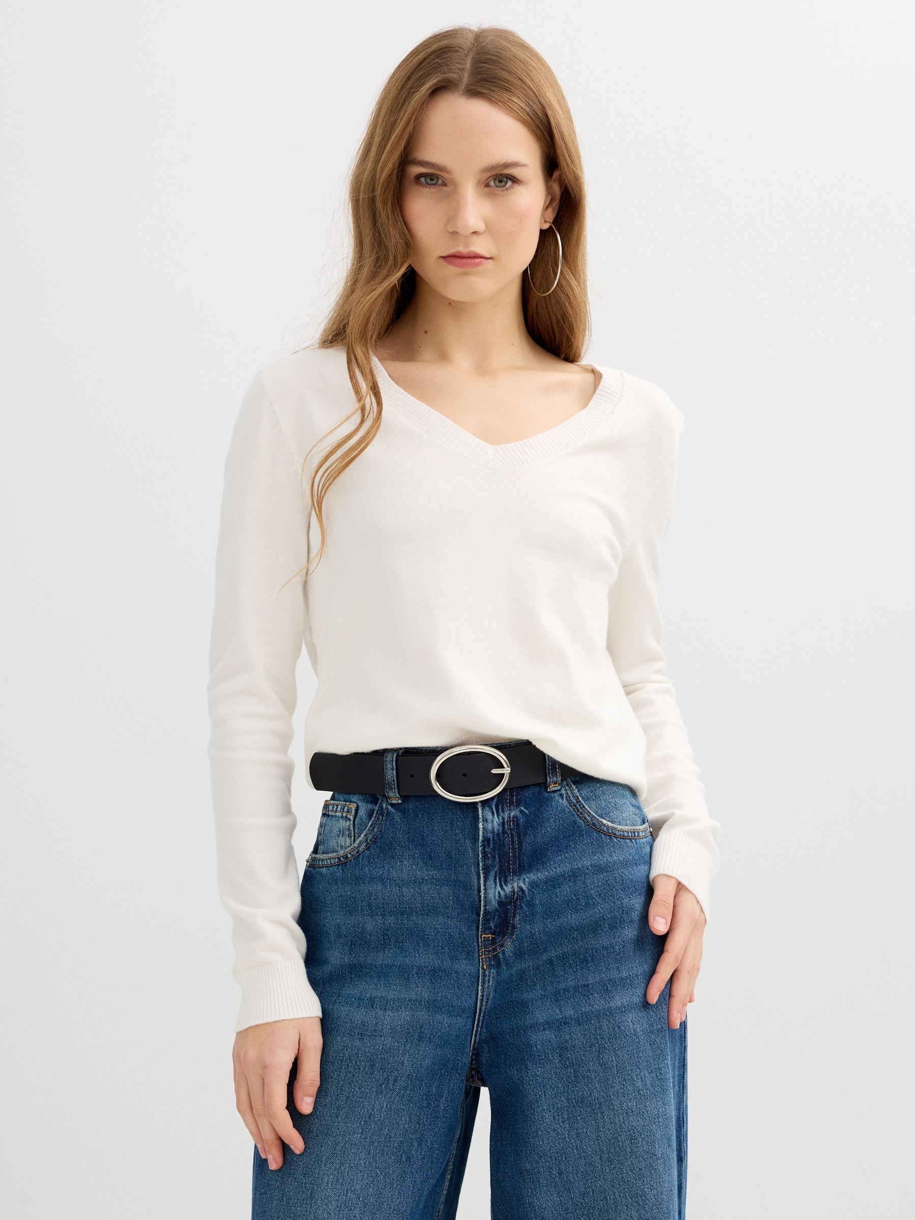 Basic V-neck jersey raw middle front view