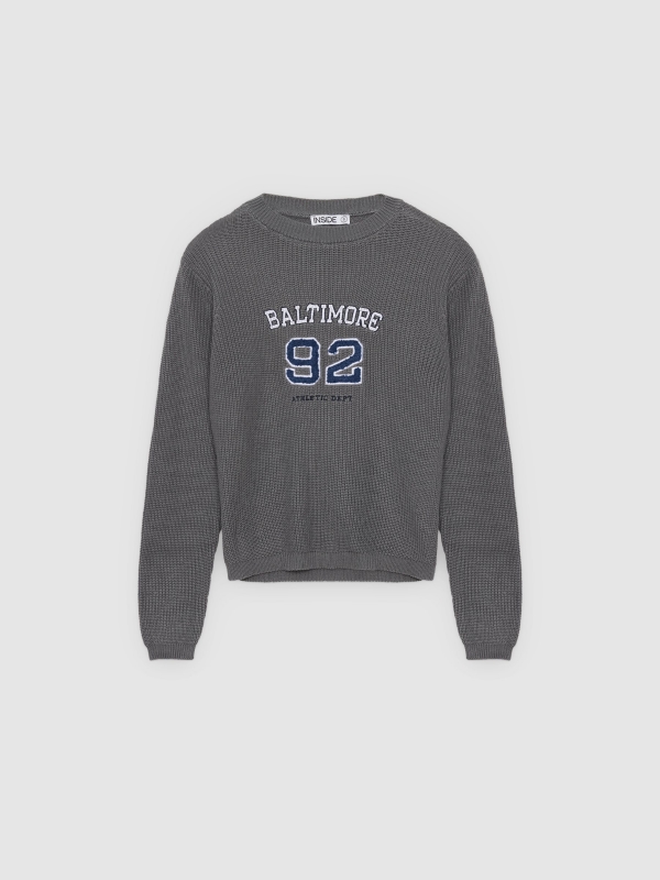  Jersey with embroidered text grey front view