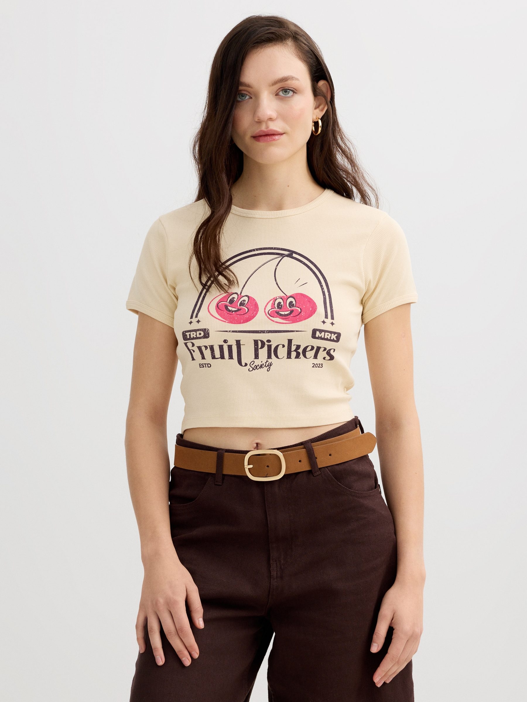 Cherry crop top shirt sand middle front view