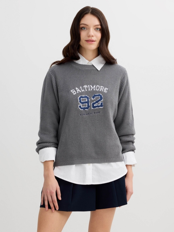 Jersey with embroidered text grey middle front view