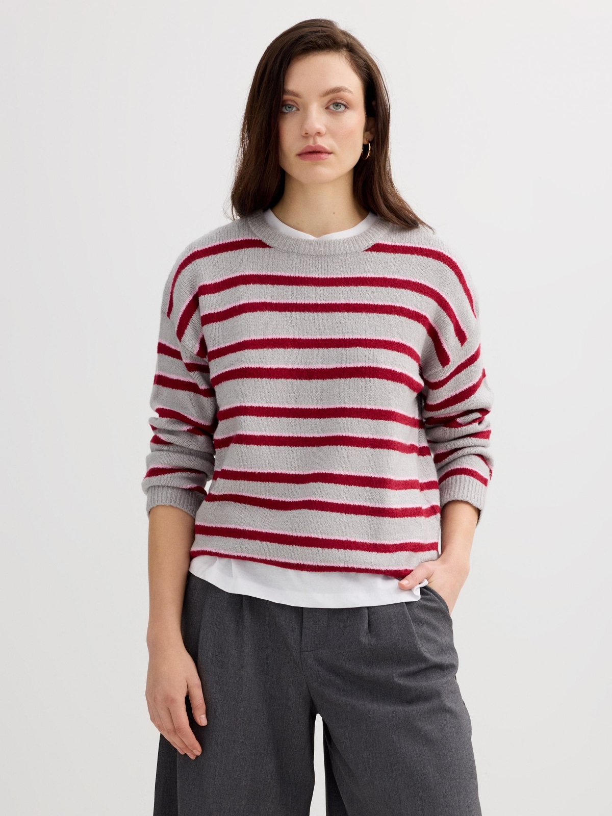 Striped faux fur sweater medium melange middle front view