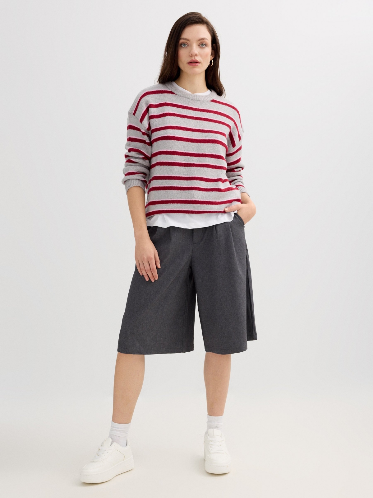 Striped faux fur sweater medium melange front view