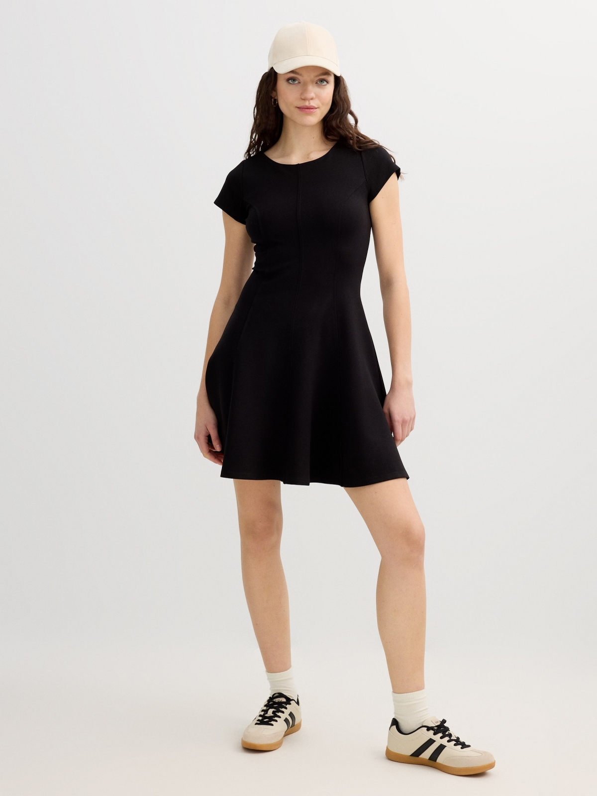 Black flared mini dress black front view