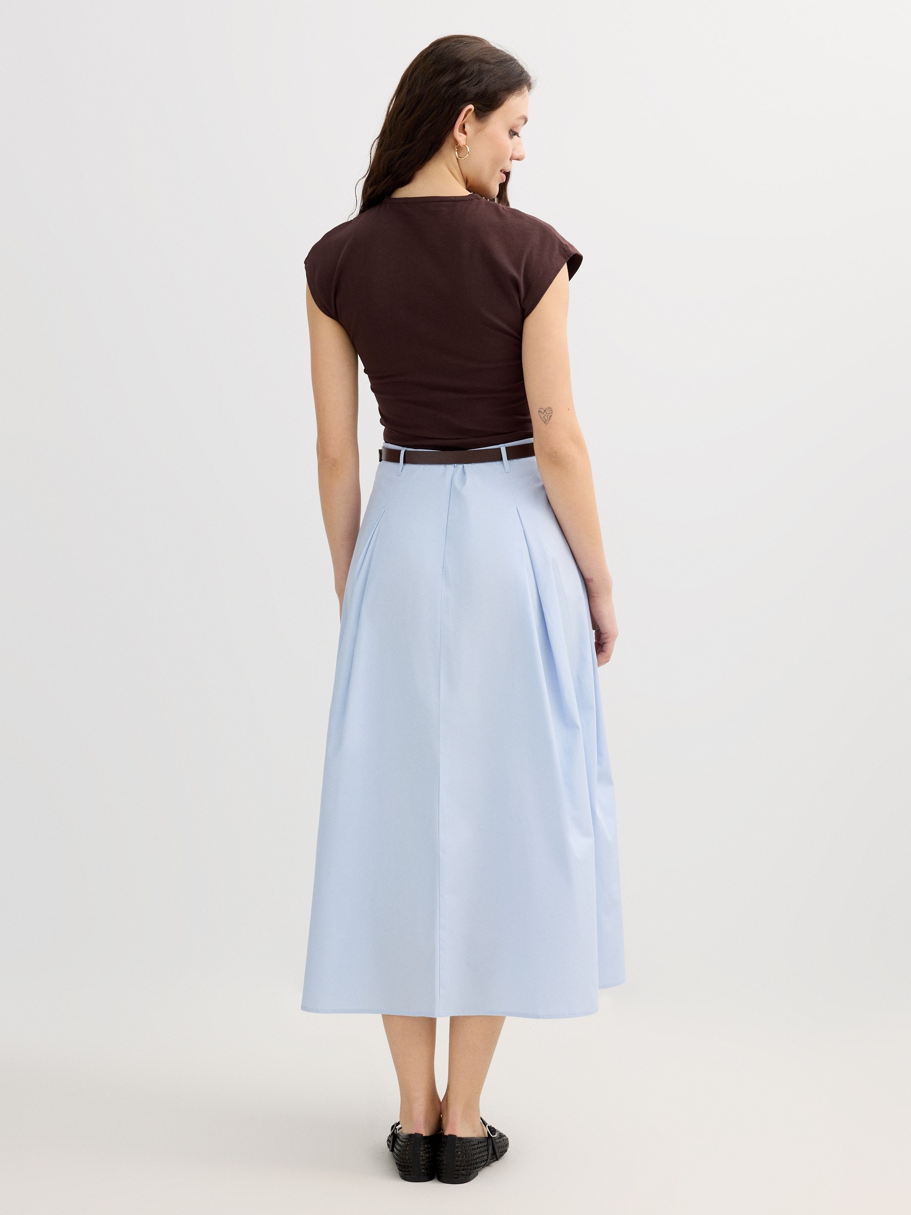 Blue cotton midi skirt light blue middle front view