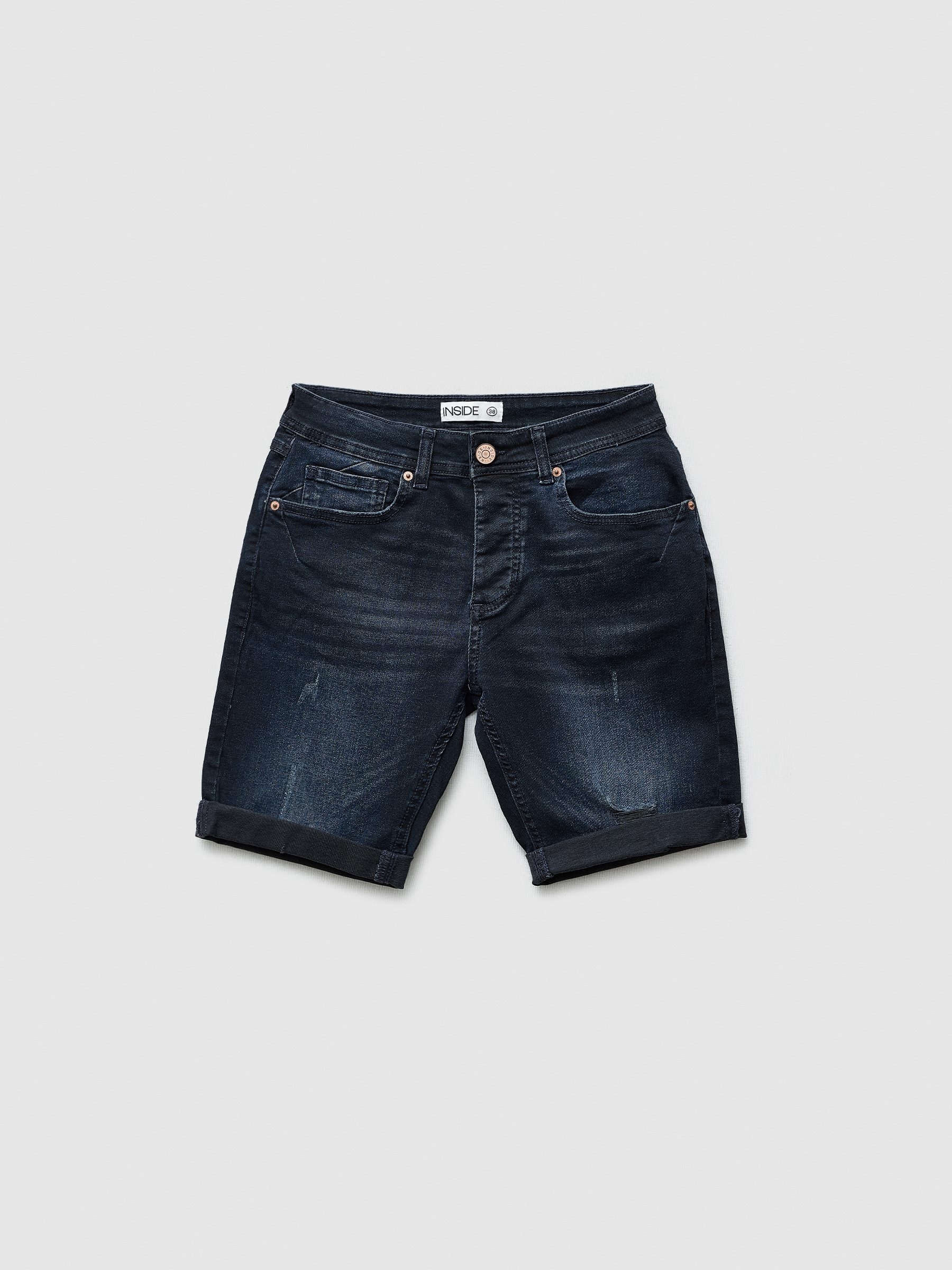 Dark blue ripped denim Bermuda shorts