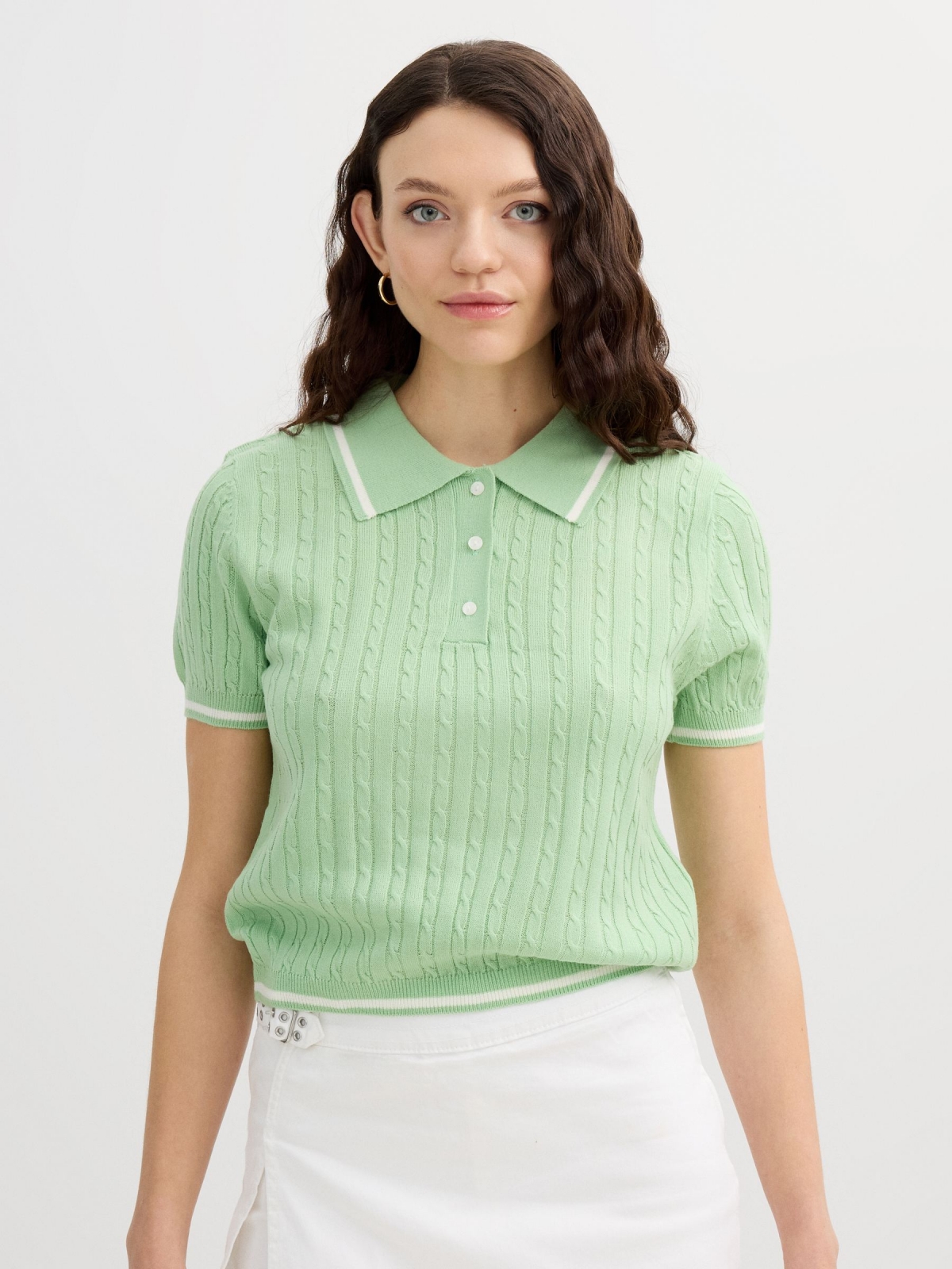 Jersey polo tricô slim verde claro vista meia frontal