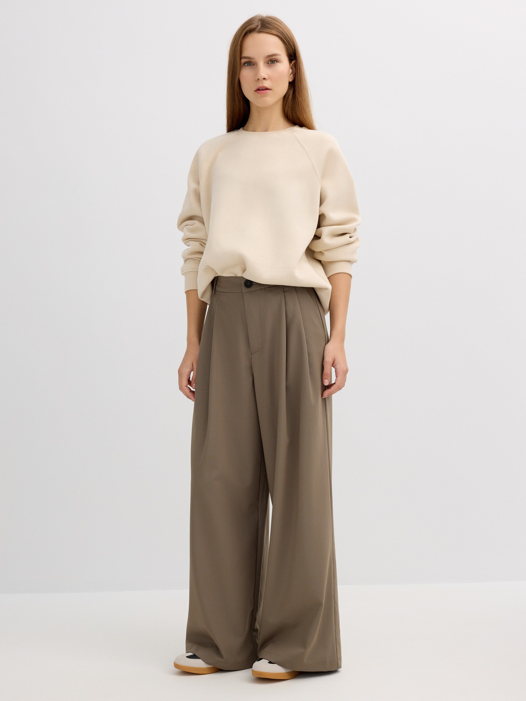 Pleated palazzo pants taupe front view