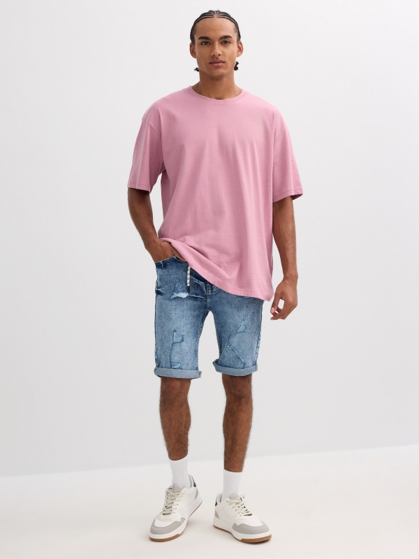 Bermudas jeans rasgados azul vista meia frontal