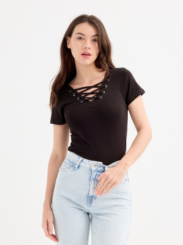 Black strappy neckline top black middle front view