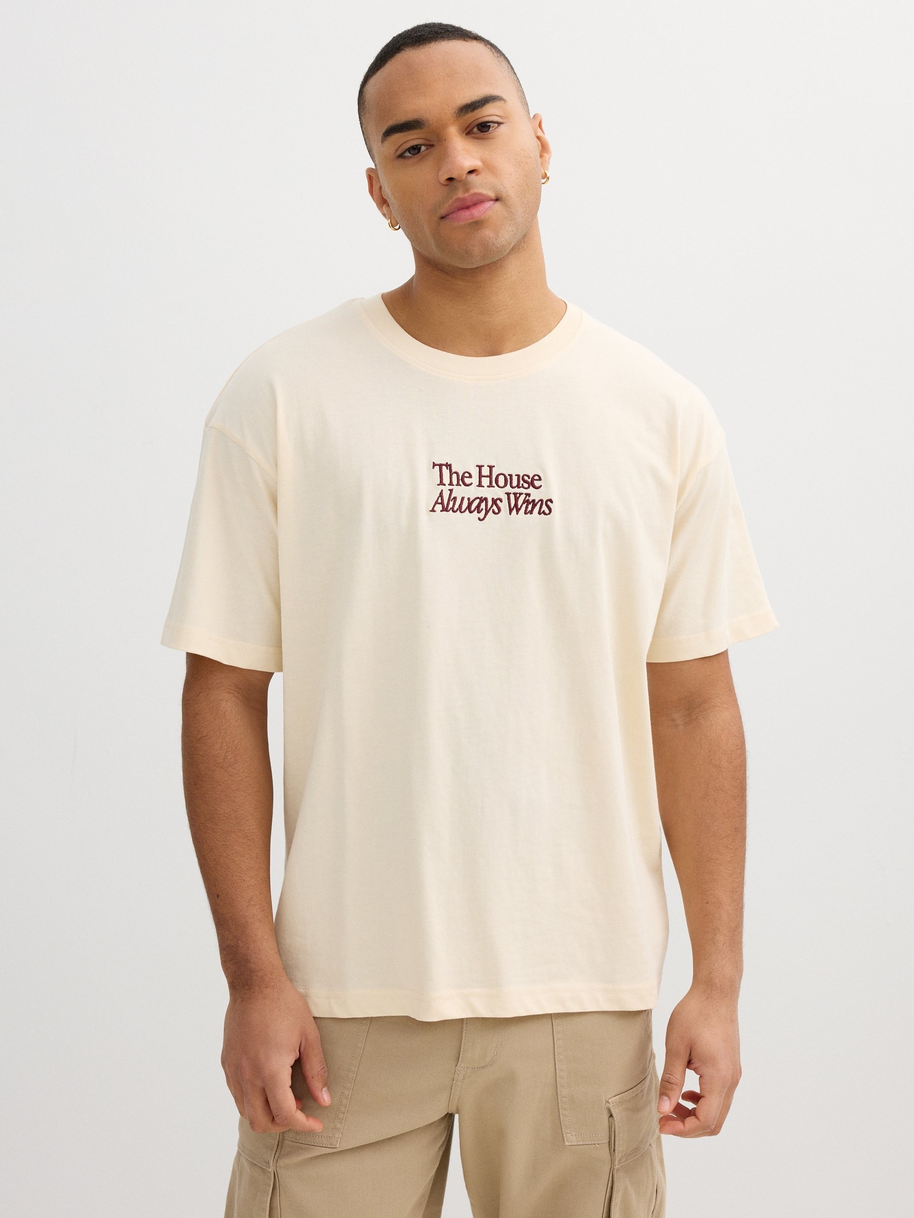 Camiseta mensaje algodón blanco roto vista media frontal