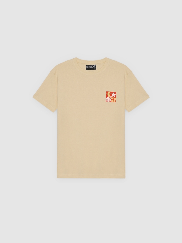  Camiseta azul estampa tropical areia vista frontal