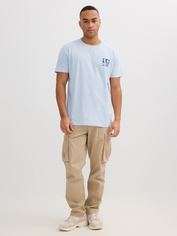 Blue tropical print t-shirt light blue front view