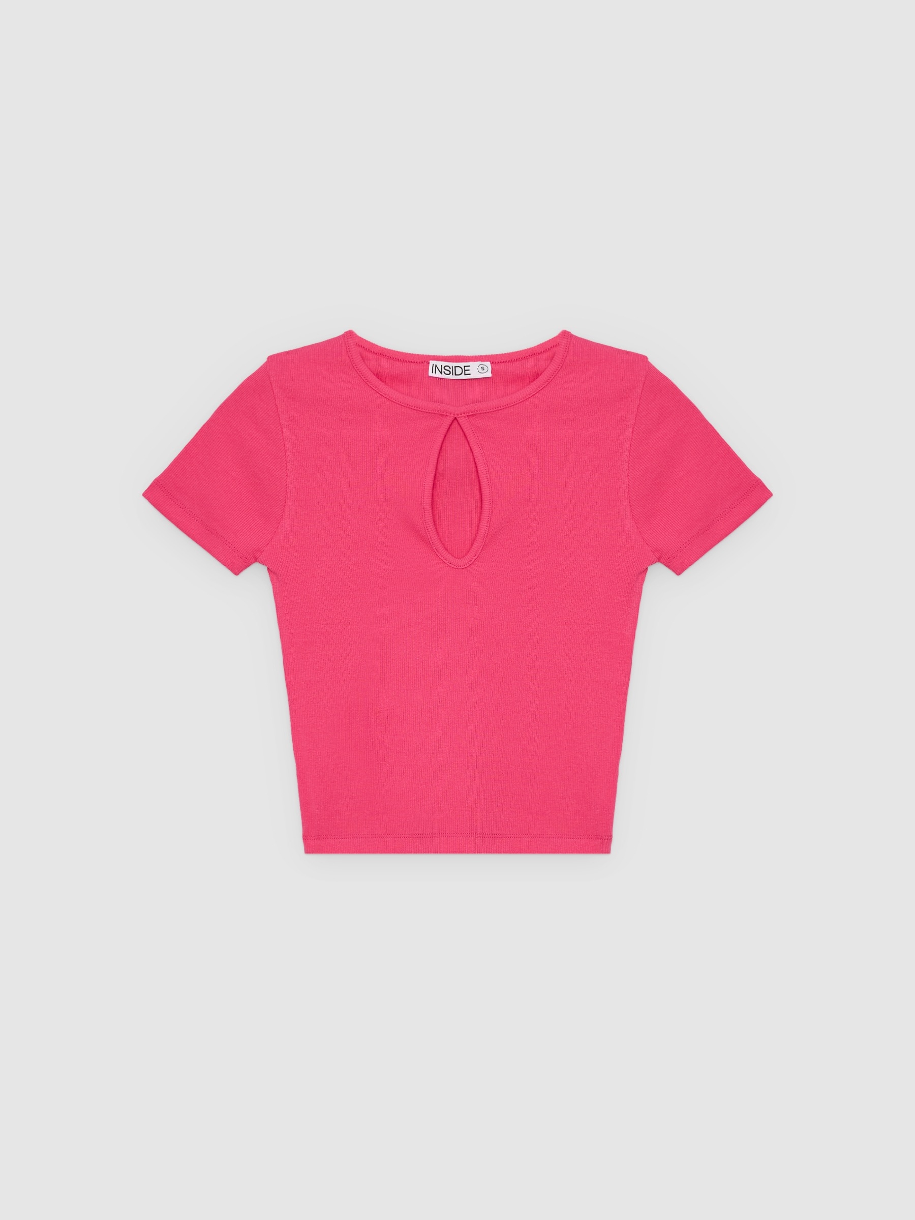Camiseta manga corta crop cut out fucsia vista media frontal